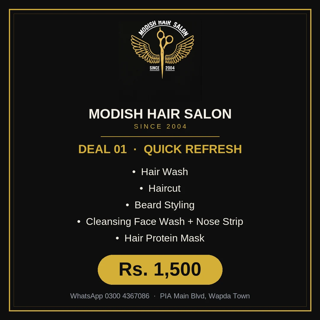 Modish Deal 01 Quick Refresh: hair wash, haircut, beard, cleansing face wash with nose strip, hair protein mask — Rs. 1,500